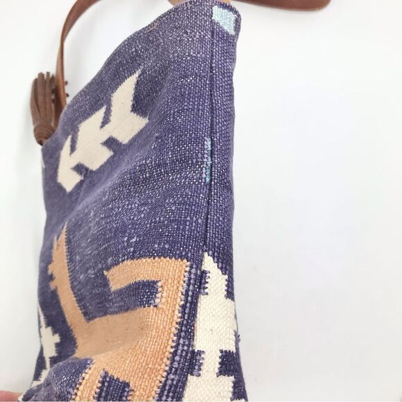 Kilim Purple Blue Tribal Ethnic Rug Design India Leather Strap Shoulder Bag - Picture 10 of 16